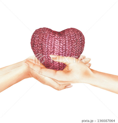 Two hands holding a knitted red heart, made of yarn. Symbol of love, charity, care and kindness. Human palms and crochet heart. Colored pencils and watercolor illustration isolated from background 136087064