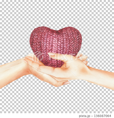 Two hands holding a knitted red heart, made of yarn. Symbol of love, charity, care and kindness. Human palms and crochet heart. Colored pencils and watercolor illustration isolated from background 136087064
