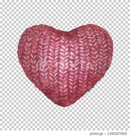 Red knitted heart clip art. Symbol of love, care and handmade warmth. Drawing with colored pencils and watercolor for Valentine's Day, knitting, handicrafts. Illustration isolated from background 136087068
