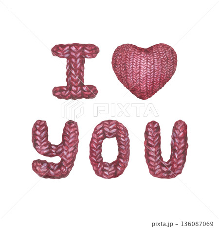 Red knitted I love you inscription and heart inside. Symbol of love and care. Postcard drawing with colored pencils and watercolor for Valentines Day, Senior Citizens Day. Isolated from background 136087069