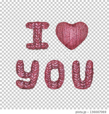 Red knitted I love you inscription and heart inside. Symbol of love and care. Postcard drawing with colored pencils and watercolor for Valentines Day, Senior Citizens Day. Isolated from background Red knitted I love you inscription and heart inside. Symbol of love and care. Postcard drawing with colored pencils and watercolor for Valentines Day, Senior Citizens Day. Isolated from background 136087069