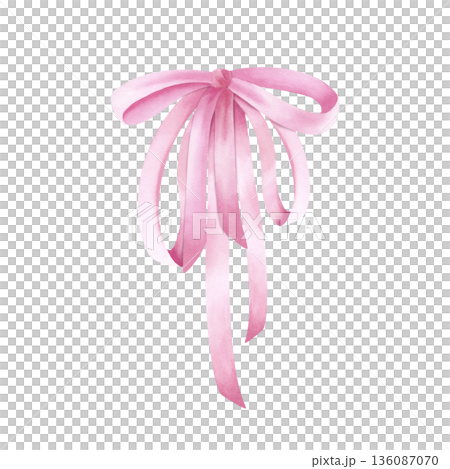 Watercolor pink bow, tied silk ribbon. Delicate watercolor satin textile, clip art illustration isolated on transparent background. Festive bow for gift box, card design, birth of daughter, holiday Watercolor pink bow, tied silk ribbon. Delicate watercolor satin textile, clip art illustration isolated on transparent background. Festive bow for gift box, card design, birth of daughter, holiday 136087070