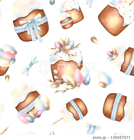 Watercolor Easter seamless pattern. Icing cake tied with lace blue ribbon, colorful eggs in pastel colors. Traditional religious food for Festive packaging. Delicate hand drawn isolated Illustration 136087071