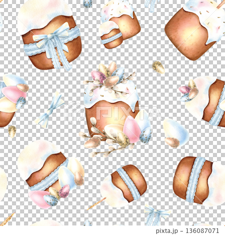 Watercolor Easter seamless pattern. Icing cake tied with lace blue ribbon, colorful eggs in pastel colors. Traditional religious food for Festive packaging. Delicate hand drawn isolated Illustration 136087071