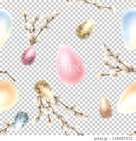 Watercolor willow branches with Easter colorful eggs seamless pattern. Traditional symbol of religious bright holiday in pastel colors. Hand drawn illustration isolated from background for packaging 136087072