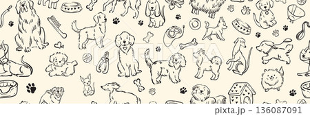 Dog doodle seamless pattern, hand drawn pet shop repeat texture, cute whimsical animal line print. Dog doodle seamless pattern, hand drawn pet shop repeat texture, cute whimsical animal line print. 136087091