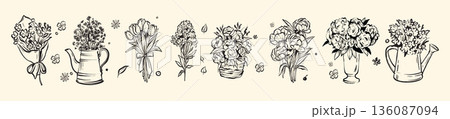 Doodle flower set, hand drawn spring blossom ink line illustration, whimsical holiday bouquet print. 136087094