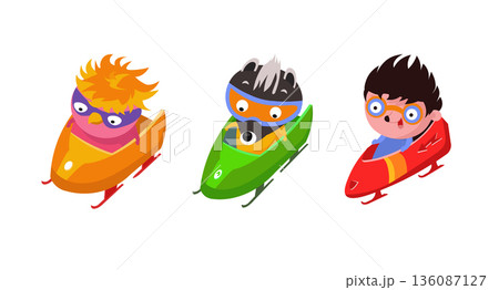 Cute characters hedgehog in sled. Bobsleigh sport and winter competitions. Vector flat illustration isolated on white background for children books.  136087127