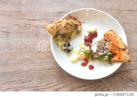 piece of baking homemade parma ham and truffle mushroom pizza dressing tomato sauce biting on plate piece of baking homemade parma ham and truffle mushroom pizza dressing tomato sauce biting on plate 136087138