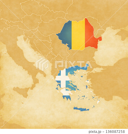 Ocher map of Balkans - Greece and Romania Ocher map of Balkans - Greece and Romania 136087258