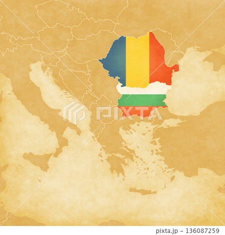 Ocher map of Balkans - Romania and Bulgaria Ocher map of Balkans - Romania and Bulgaria 136087259