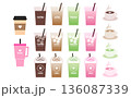 カフェドリンクのテイクアウト用カップのイラストセット。コーヒーとラテと抹茶とピンクドリンク。紙コップ 136087339