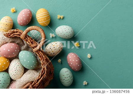 Decorative pastel Easter eggs with patterns are scattered around a basket on a green backdrop. This festive arrangement conveys the celebration of Easter and the joy of springtime. Decorative pastel Easter eggs with patterns are scattered around a basket on a green backdrop. This festive arrangement conveys the celebration of Easter and the joy of springtime. 136087456