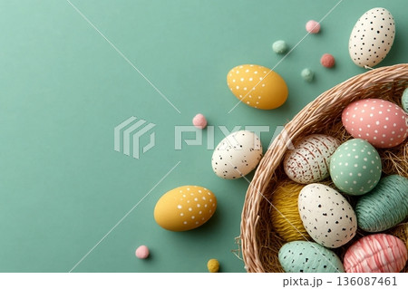 Decorative pastel Easter eggs with patterns are scattered around a basket on a green backdrop. This festive arrangement conveys the celebration of Easter and the joy of springtime.  136087461