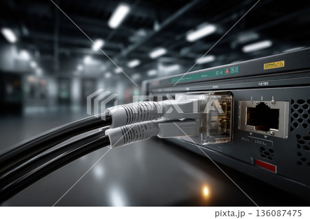 close-up network cables plugged into server rack 136087475