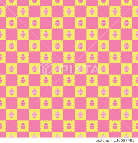 Easter Seamless Pattern with Pink Eggs on Yellow Gingham Check Backdrop 136087493