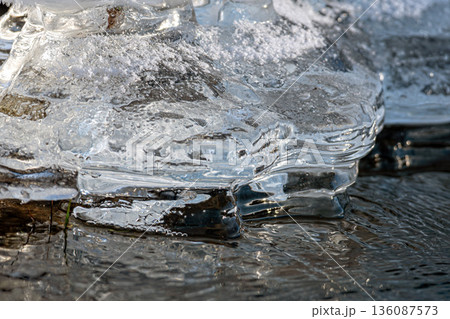 Winter ice forms on a body of water during cold weather in a natural setting Winter ice forms on a body of water during cold weather in a natural setting 136087573