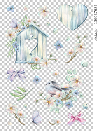 A wooden birdhouse and titmice with apple blossoms, bows, and butterflies in delicate pastel colors. Hand-drawn watercolor illustration. Sticker pack, a set of elements for spring holiday design. 136087685