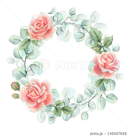 A wreath of soft green eucalyptus branches with pink roses, classic floral design. Hand-drawn watercolor illustration. A round frame template for text, spring holiday and wedding decorations. A wreath of soft green eucalyptus branches with pink roses, classic floral design. Hand-drawn watercolor illustration. A round frame template for text, spring holiday and wedding decorations. 136087688