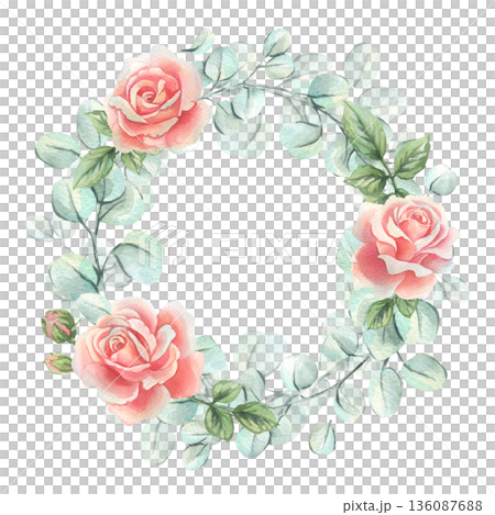 A wreath of soft green eucalyptus branches with pink roses, classic floral design. Hand-drawn watercolor illustration. A round frame template for text, spring holiday and wedding decorations. A wreath of soft green eucalyptus branches with pink roses, classic floral design. Hand-drawn watercolor illustration. A round frame template for text, spring holiday and wedding decorations. 136087688