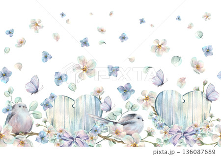 Wooden hearts decorated with spring flowers, apple trees, tits, and butterflies. Hand-drawn watercolor illustration. Seamless wide border pattern for spring holidays and weddings. 136087689