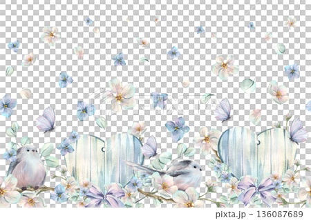 Wooden hearts decorated with spring flowers, apple trees, tits, and butterflies. Hand-drawn watercolor illustration. Seamless wide border pattern for spring holidays and weddings. 136087689