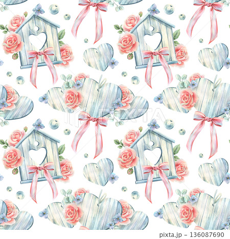 A seamless watercolor pattern featuring tree birdhouses, ribbons, hearts, roses, and flowers. Perfect for spring, Mother's Day, Valentine's Day, weddings, and greeting cards. Hand-drawn illustration. 136087690