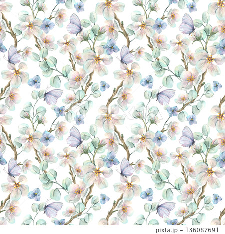 Hand drawn watercolor seamless pattern with apple tree flowers, eucalyptus, small blue flowers, and butterflies for design. Mother s Day, Easter, Valentine s Day, wedding concept. 136087691