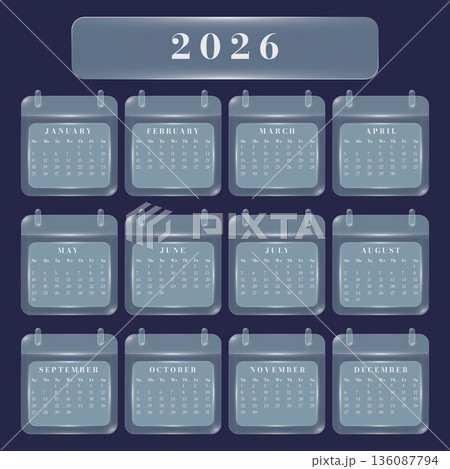 Glassmorphism 2026 calendar template with transparent glossy plates vector illustration. 136087794