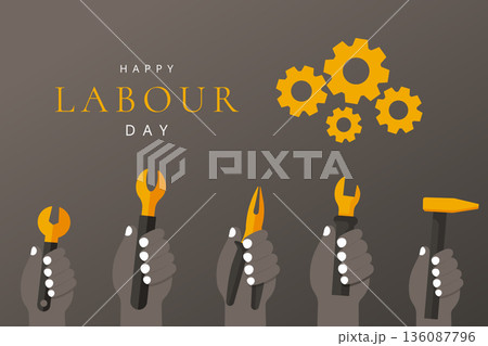 Happy Labour Day Flat Illustration with Workers Hands and Tools. 136087796