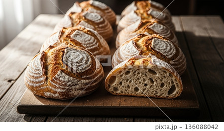 Artisan sourdough bread loaves on rustic wooden table 136088042