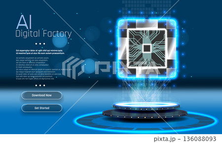 Digital factory showcasing AI technology with a circuit board design and interactive options at the forefront 136088093