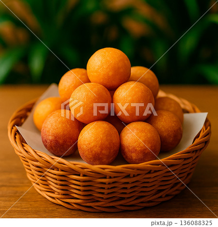 バスケットに山盛りにされた揚げたての台湾スイーツ地瓜球 136088325