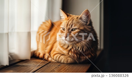 Cat resting on windowsill with soft natural light and cozy atmosphere 136088326