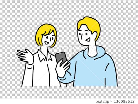 Men and women having a conversation while holding smartphones 136088612