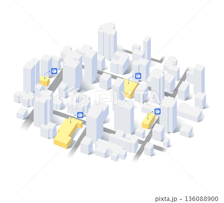 Delivery route planning, navigation plan between multiple pin. Isometric city scape navigation on detailed map with 3D buildings. GPS map markers. Vector illustration 136088900