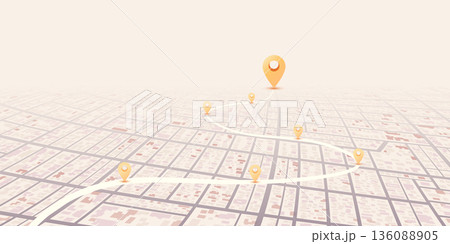 City map featuring directional signs, an intended goal point and multiple markers. An abstract navigation plan highlights POI including city streets, blocks. Vector illustration City map featuring directional signs, an intended goal point and multiple markers. An abstract navigation plan highlights POI including city streets, blocks. Vector illustration 136088905