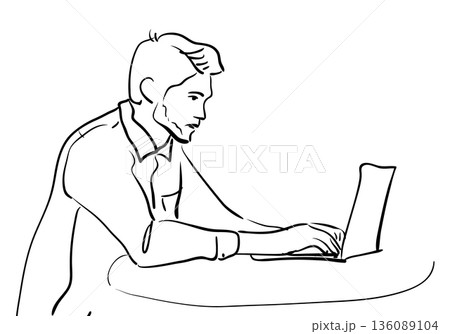 Line drawing of a man working on a laptop. Vector illustration of a businessman. A student studying using the internet and new technologies. Line drawing of a man working on a laptop. Vector illustration of a businessman. A student studying using the internet and new technologies. 136089104