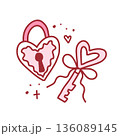 Coquette heart shaped lock and key, cute hand drawn element. Vector illustration in doodle style 136089145
