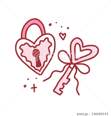 Coquette heart shaped lock and key, cute hand drawn element. Vector illustration in doodle style 136089145