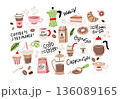 Coffee elements set. Cute minimalist design, different types of coffee making, cups and glasses. Vector illustration 136089165