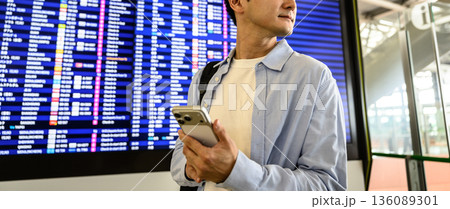 空港でフライト確認 ■撮影協力：関西国際空港（KIX） 136089301