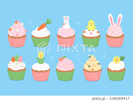 A set of cupcakes in spring and Easter designs. Vector graphics. 136089417