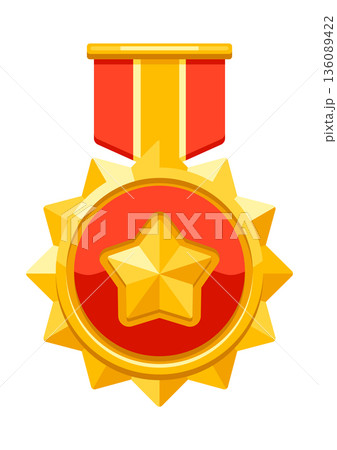 Gold medal with ribbon and star. Game award for the winners. Illustration of prize for sports competitions. Gold medal with ribbon and star. Game award for the winners. Illustration of prize for sports competitions. 136089422