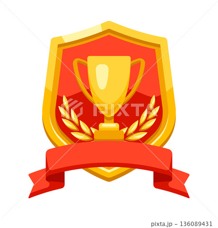 Gold shield with ribbon and cup. Game award for the winners. Illustration of prize for sports competitions. Gold shield with ribbon and cup. Game award for the winners. Illustration of prize for sports competitions. 136089431