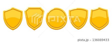 Set of gold medals and shields. Game award for the winners. Illustration of prize for sports competitions. Set of gold medals and shields. Game award for the winners. Illustration of prize for sports competitions. 136089433