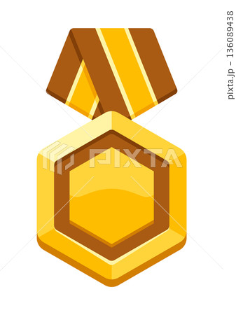 Gold medal with ribbon. Game award for the winners. Illustration of prize for sports competitions. Gold medal with ribbon. Game award for the winners. Illustration of prize for sports competitions. 136089438