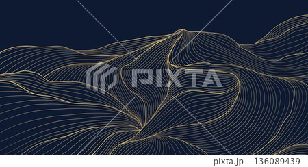 Abstract luxury background, golden wave lines Japanese art, minimalist mountains, dunes, flowing desert forms. Elegant vector illustration with zen landscape silhouette, Asian style. 136089439