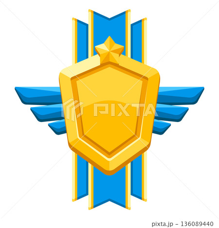 Gold shield with ribbon and wings. Game award for the winners. Illustration of prize for sports competitions. Gold shield with ribbon and wings. Game award for the winners. Illustration of prize for sports competitions. 136089440