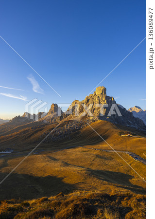 Passo Giau Dolomites mountains breathtaking view at sunset Passo Giau Dolomites mountains breathtaking view at sunset 136089477